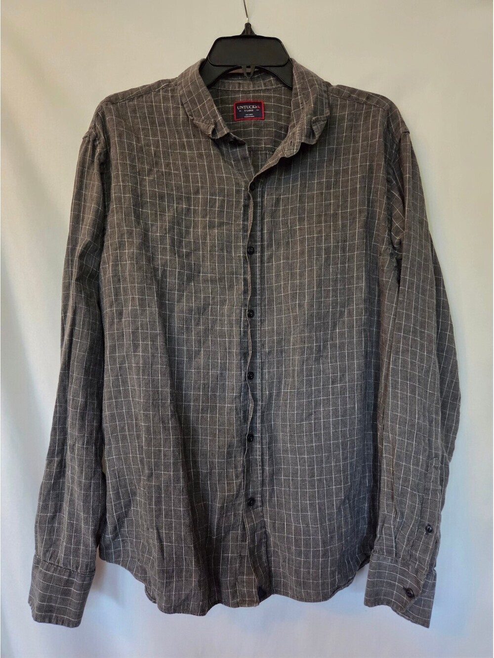 UNTUCKit Mens XL 100% Linen Shirt Gray Windowpane Plaid Long Sleeve Button Up